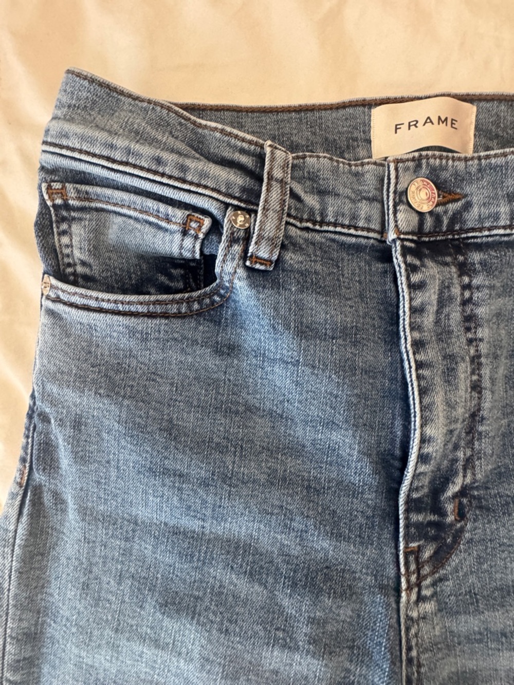 FRAME Le Sleek Straight Jeans Rawley Raw Fray Hem Medium Wash Size 28 - Picture 5 of 10